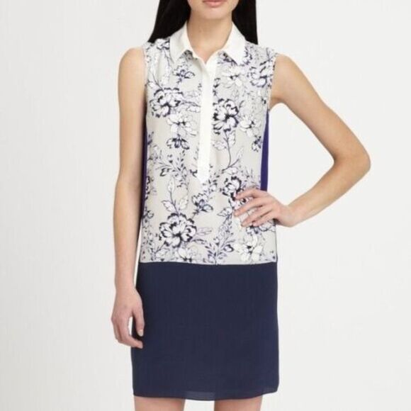 Rebecca Taylor Dresses & Skirts - Rebecca Taylor Blue Color Block Floral 100% Silk Sleeveless Shirt Dress 4